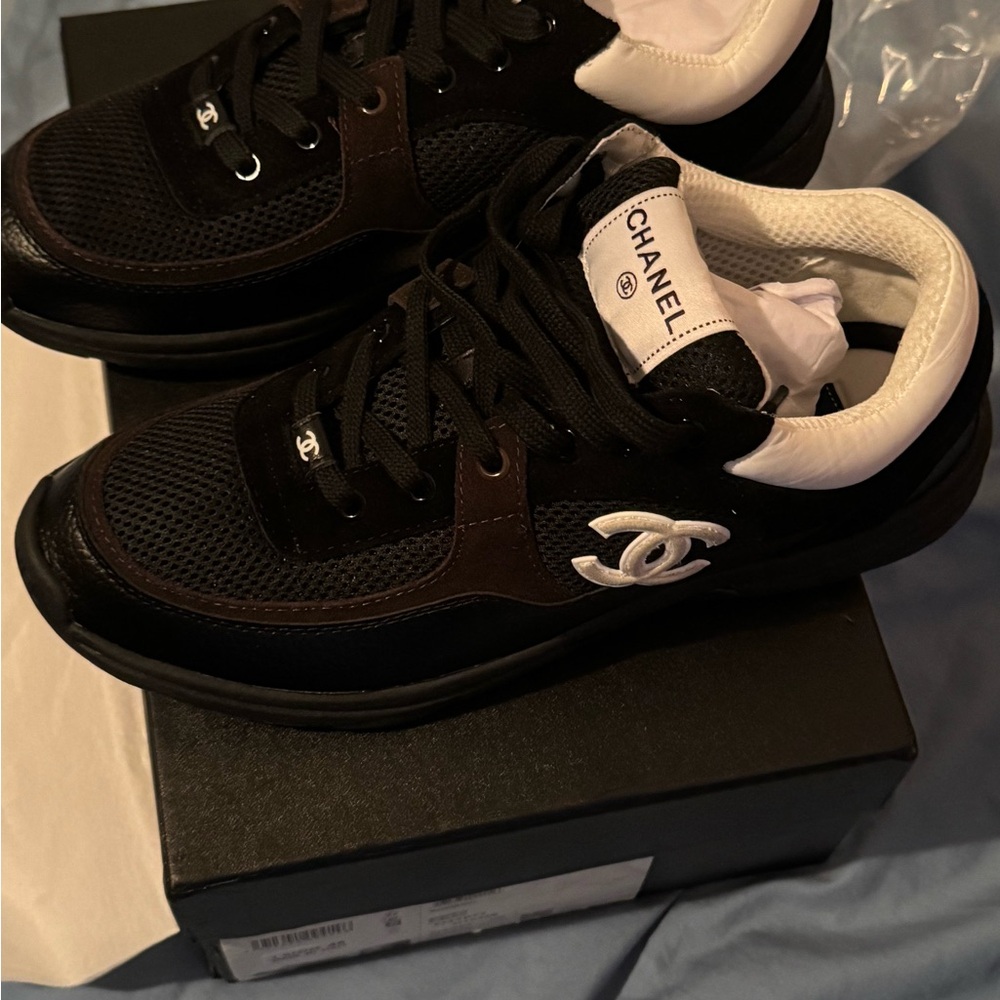 CHANEL Men's Black and White Logo Sneakers